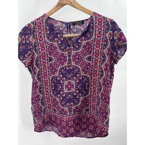 Reene C Multicolor Short Sleeve Flora Print Blouse Top Size S Small